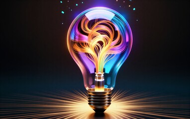 Colorful light swirls inside glowing bulb against dark background, radiating vibrant energy.