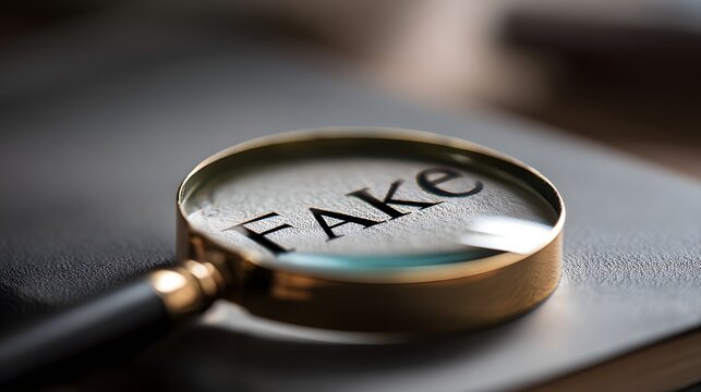 Magnifying glass revealing the word Fake on a document.