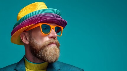 Man with multiple colorful hats and sunglasses.