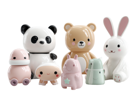 A cute cartoon illustration of an easter bunny with eggs and a pink piggy toy isolated as a funny plastic decoration for childhood fun - Powered by Adobe