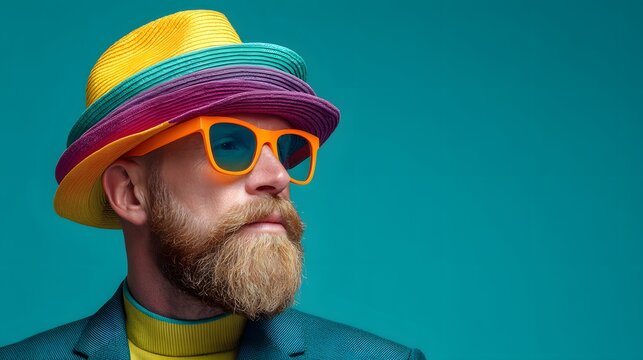 Man with multiple colorful hats and sunglasses.