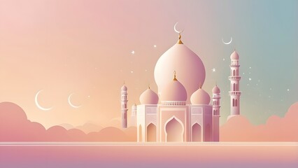 Ramadan Eid pastel mosque illustration with crescent moon sky