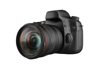 Fototapeta premium Professional black digital SLR camera with a 35mm zoom lens isolated on a white background for high-tech photography equipment