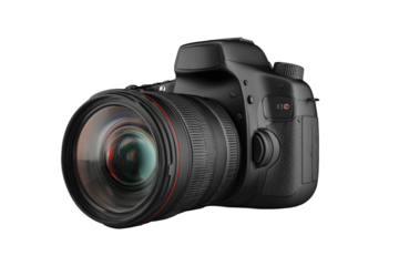 Professional black digital SLR camera with a 35mm zoom lens isolated on a white background for high-tech photography equipment