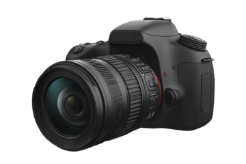 Professional black digital SLR camera with a high-end optical zoom lens and electronic shutter isolated on a white background for professional photography