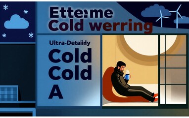 Extreme cold warning: cozy indoor scenes contrasted against icy, wind-blown outdoor landscape.