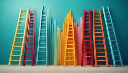 several colorful ladders of varying heights against a light blue background symbolizing career progression growth and different paths to success