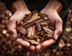 hands holding wood chips a close up view of natural mulch