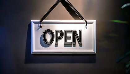 hanging white sign displaying the word open in bold black letters symbolizing welcome service and availability inviting customers to enter
