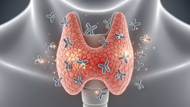3D rendering of human thyroid gland with interacting molecules, illustrating endocrine system function or autoimmune condition in the neck area.