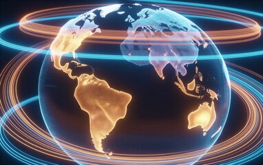 Digital globe surrounded by glowing blue and orange data streams, futuristic global network.