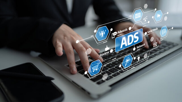 A professional analyzes digital advertisements and social media strategies on a laptop, showcasing modern marketing techniques in a business environment. Tessel - Powered by Adobe