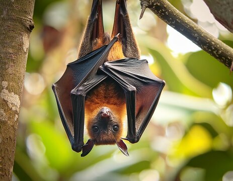 fruit bat hanging upside down in a tree in the jungle
