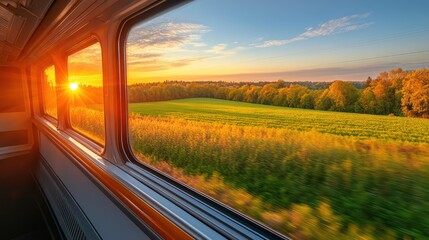 Fototapeta premium Scenic Train Window Sunrise View of Autumn Fields