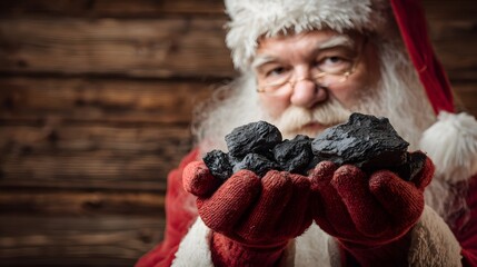 Santa Claus holding a pile of coal in his hands, a Christmas tradition.