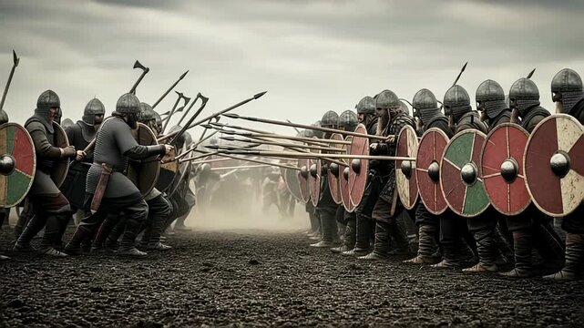 Viking warriors form a strong shield wall in an intense battle freeze frame showing tactical formation and preparation.