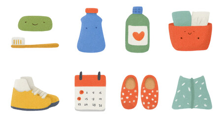 Daily Routine Objects in Soft Pastel Illustration on Transparent Background