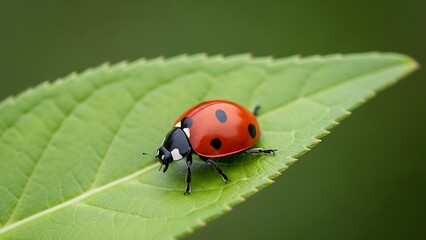 Fototapeta premium Close-up of Ladybug Walking on Green Leaf in Natural Outdoor Environment Macro Photography Viewpoint