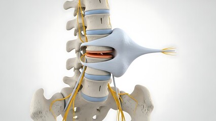 3D medical illustration of a lumbar spinal disc herniation compressing a nerve root.