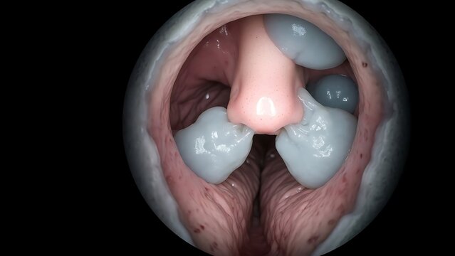 Close-up view of a stylized human nasal and pharyngeal anatomy model, showing the nose and surrounding soft tissues in a circular frame.
