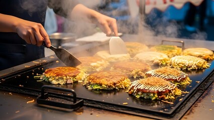 Culinary Creation: A skilled hand artfully crafts a vibrant, savory dish on a sizzling griddle, the steam rising to highlight the freshness and culinary mastery involved. 