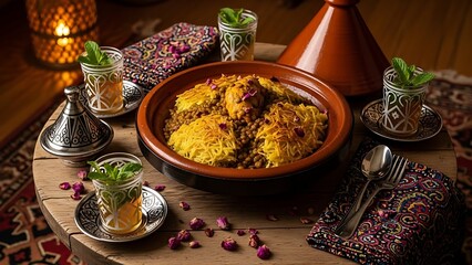 Exotic Delights: Moroccan Cuisine on Display: A culinary spectacle unfolds as the tantalizing flavors of Moroccan cuisine are artfully presented.