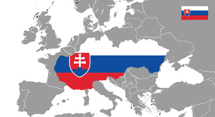 Geographical map of Europe features the nation of Slovakia filled with its distinctive national flag colors and coat of arms.