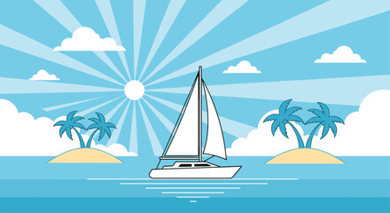 Obraz premium Tropical seascape illustration features a white sailboat navigating calm blue waters between small islands with green palm trees.