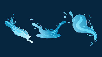 Dynamic liquid water splash with falling droplet, crashing sea wave and swirling eddies. For advertising web design or marketing visuals. Vector illustration.
