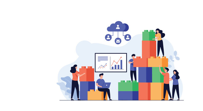 Collaborative team works together to build a tall structure using colorful toy blocks to symbolize growth and business development.