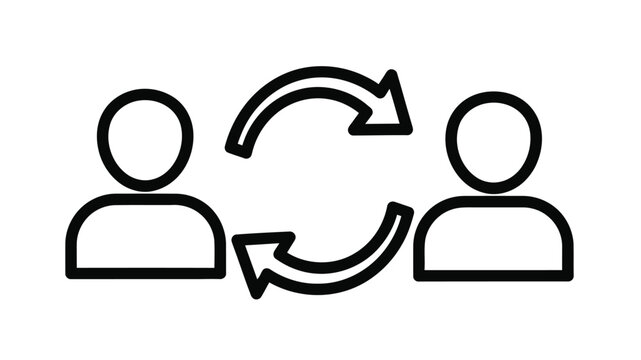 Simple black and white illustration of two people with a circular arrow between them