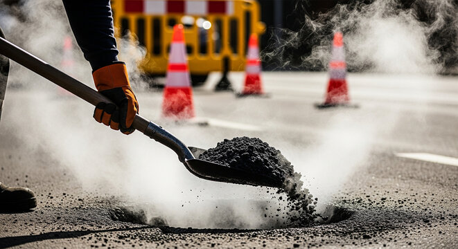 Close-up action shot of a road worker using a shovel to fill a pothole with fresh hot black asphalt, steam and smoke rising from the hot tar mixture, worker wearing protective safety gloves, blurred 