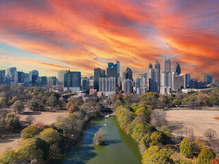 Atlanta, Georgia USA - 12 15 2025: A crisp aerial drone photograph of the Atlanta skyline rising above Piedmont Park on a clear day. The image showcases Midtown Atlanta’s modern skyscrapers  © Visual Art Complex