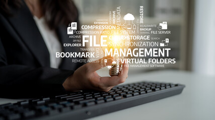 A business professional actively engages with file management software, showcasing various tools for efficient data synchronization and secure storage solutions in a modern office environment. Tessel