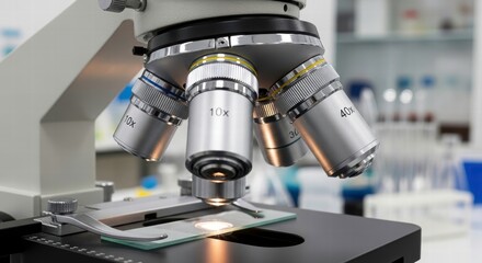 Microscope in Focus: a detailed close-up shot, the microscope, a staple in scientific exploration, reveals its intricate lenses and mechanical precision within a laboratory setting.
