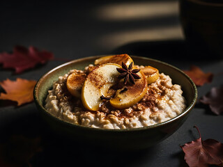 A warm bowl of oatmeal topped with sliced apples, cinnamon, and star anise, set against a dark background with autumn leaves.