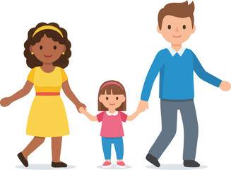 A cartoon illustration of a diverse family with a man, woman, and child walking together.