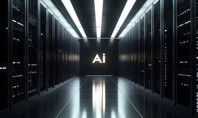 Modern AI data center corridor with illuminated servers and glowing infrastructure.