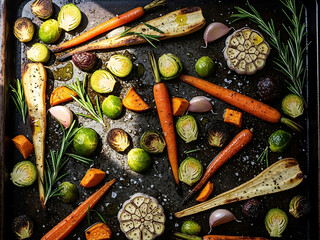 A top-down view of a rustic baking sheet filled with roasted root vegetables and herbs.