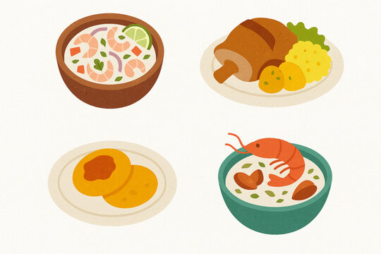 Ecuadorian Cuisine Icon Set with Ceviche, Hornado, Llapingacho, Bol&oacute;n de Verde and Encocado in Vector