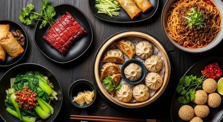 Culinary Feast of East Asian Delights: An array of meticulously arranged dishes showcasing the vibrant and diverse flavors of East Asian cuisine, a culinary adventure for the senses.