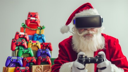 Santa plays video games with VR headset in front of colorful game controllers and presents