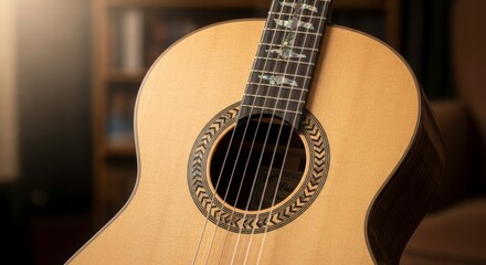 Fototapeta premium Melody in Wood: An acoustic guitar, showcasing intricate craftsmanship and the promise of beautiful music. 