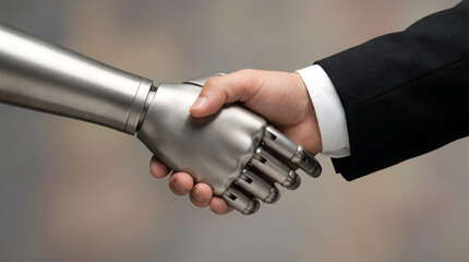 a symbolic depiction of human and artificial intelligence collaboration through a firm handshake between a robotic arm and a human