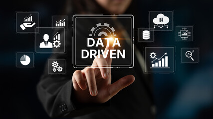 Fototapeta premium Data-driven decision-making empowers business through analytics, datum collection, and AI systems. Data driven tools support cloud data processing and data visualization across datum platforms. Spline