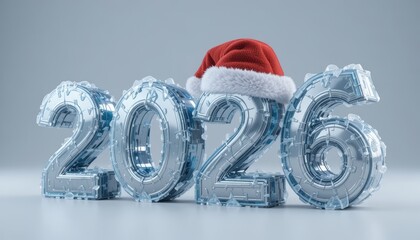 Shiny ice 2026 digits with a Santa hat, soft gray background, holiday countdown in ice sculpture.