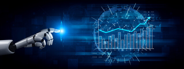 A robotic hand reaches out, engaging with advanced data visualizations, illustrating the synergy between technology, analytics, and economic progress in the digital age. Scalp