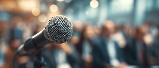 Close up of a microphone in front of a blurred audience at a presentation
