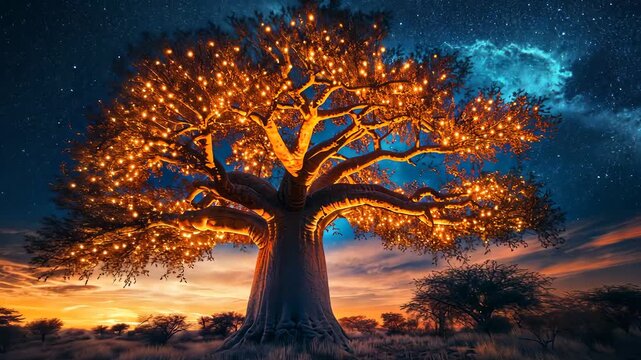 Majestic Baobab Tree Under a Starry Sky - A Nighttime Fantasy.