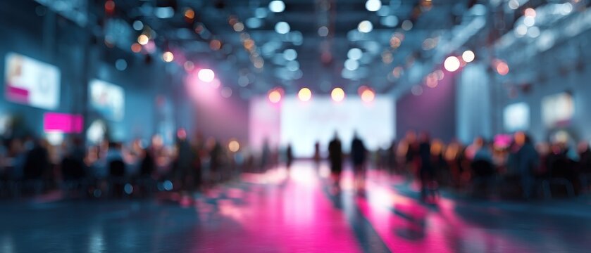 Blurred view of a large conference hall with people silhouettes and lighting - Powered by Adobe
